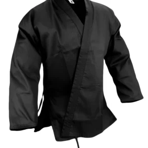 Black karate gi jacket for kids and adults, lightweight martial arts uniform top.