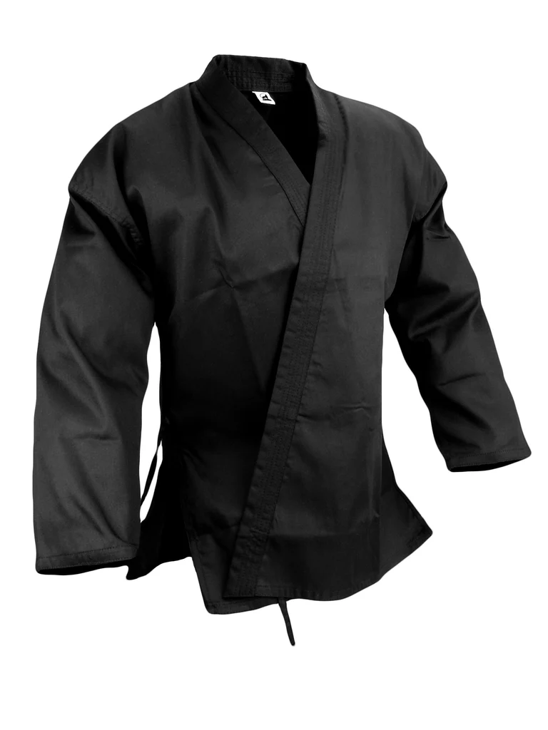 Black karate gi jacket for kids and adults, lightweight martial arts uniform top.