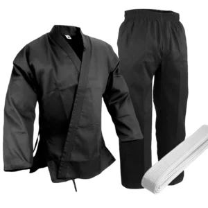 Black karate gi set with jacket, pants, and white belt for kids and adults.