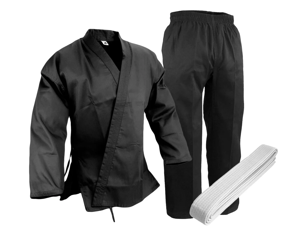 Black karate gi set with jacket, pants, and white belt for kids and adults.