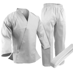 Complete white karate uniform set with jacket, pants, and belt