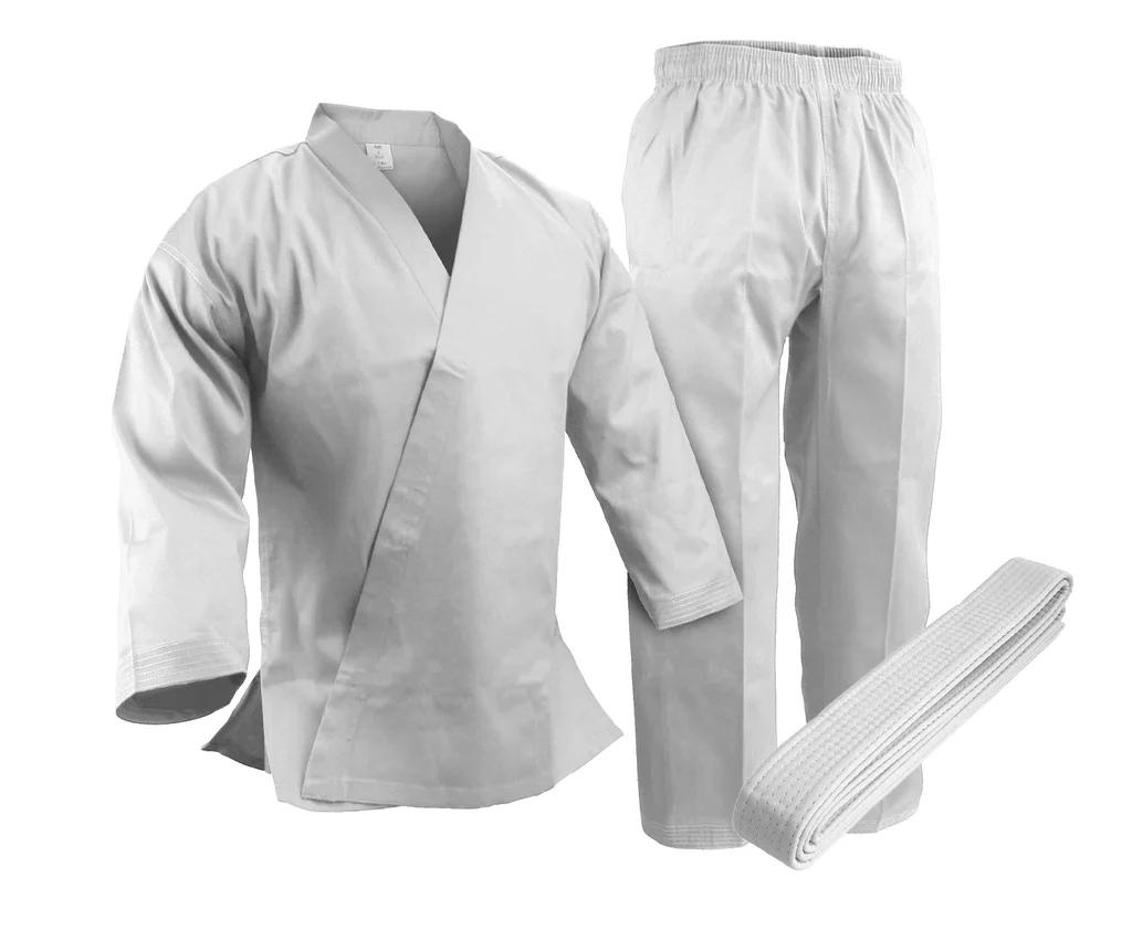 complete-white-karate-uniform-set Complete white karate uniform set with jacket, pants, and belt